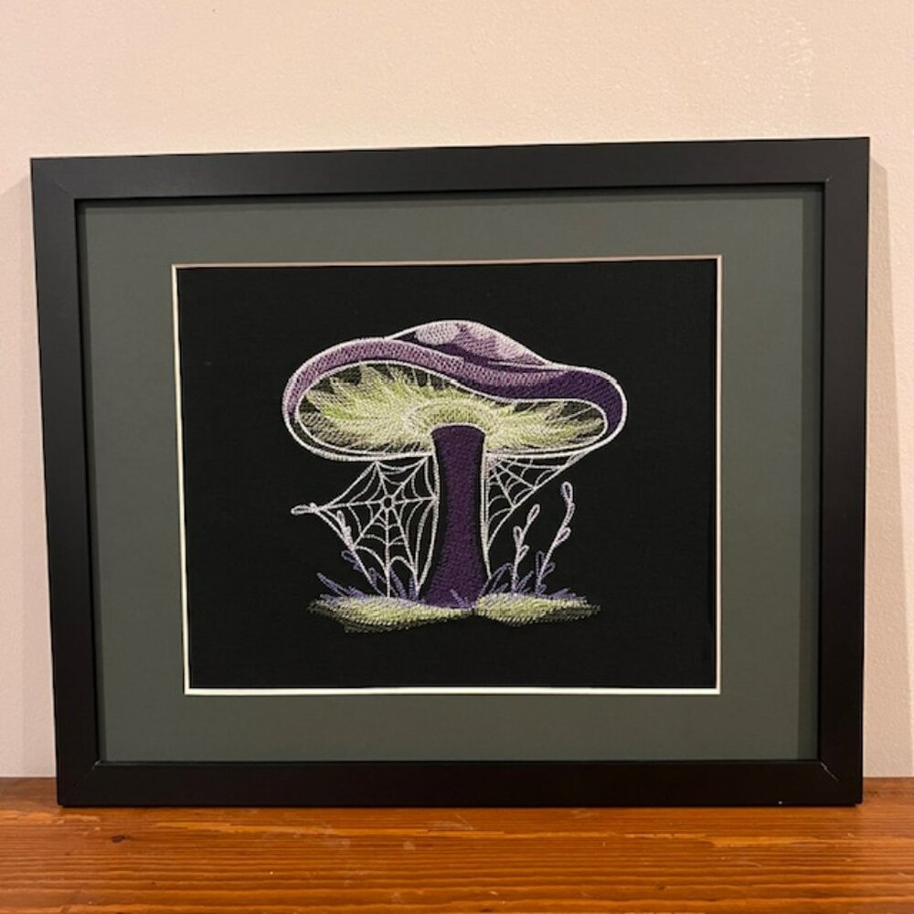 Homemade Purple & Green Mushroom Embroidery Art
